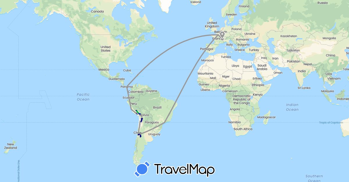 TravelMap itinerary: driving, bus, plane, train, boat in Argentina, Bolivia, Brazil, Switzerland, Chile, France, Panama, Peru (Europe, North America, South America)
